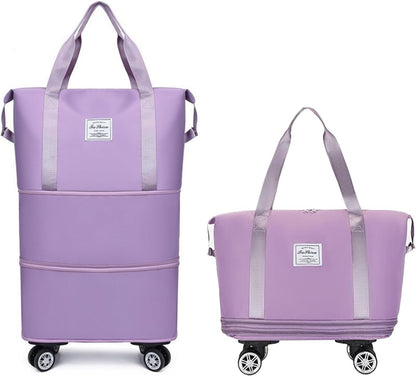 Rolling Duffel Bag with Wheels, Expandable Large Travel Luggage Lightweight & Durable Foldable Carry-On Bag with Removable Wheels for Shopping, Gym, Camping and Trave (Purple)