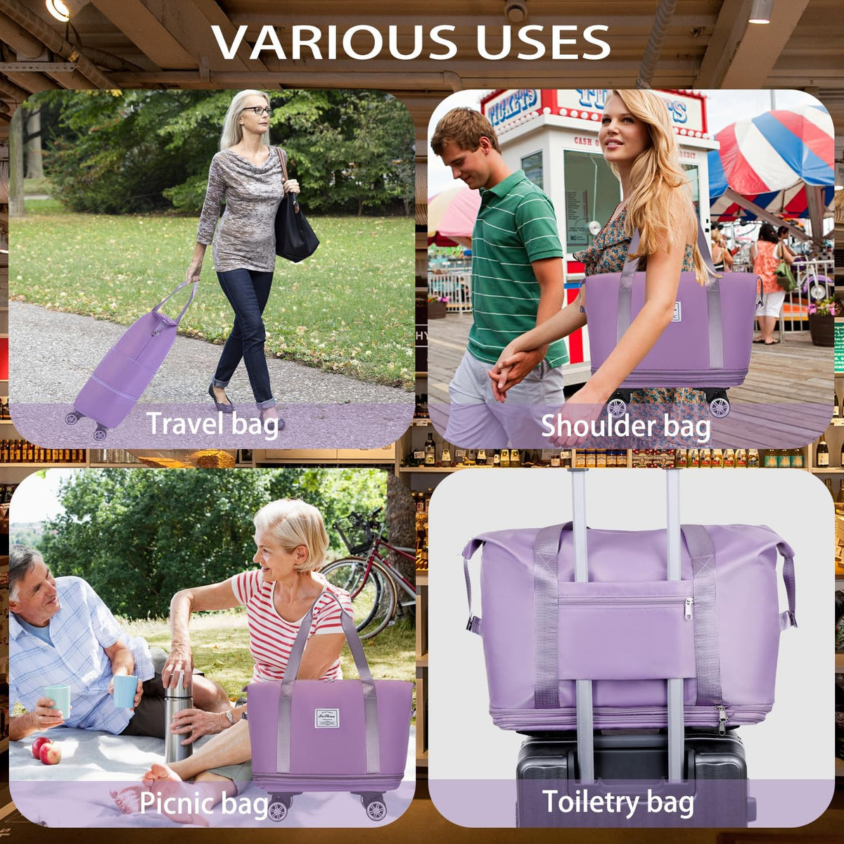 Rolling Duffel Bag with Wheels, Expandable Large Travel Luggage Lightweight & Durable Foldable Carry-On Bag with Removable Wheels for Shopping, Gym, Camping and Trave (Purple)