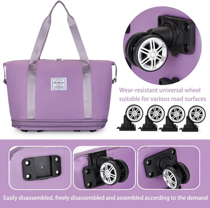 Rolling Duffel Bag with Wheels, Expandable Large Travel Luggage Lightweight & Durable Foldable Carry-On Bag with Removable Wheels for Shopping, Gym, Camping and Trave (Purple)
