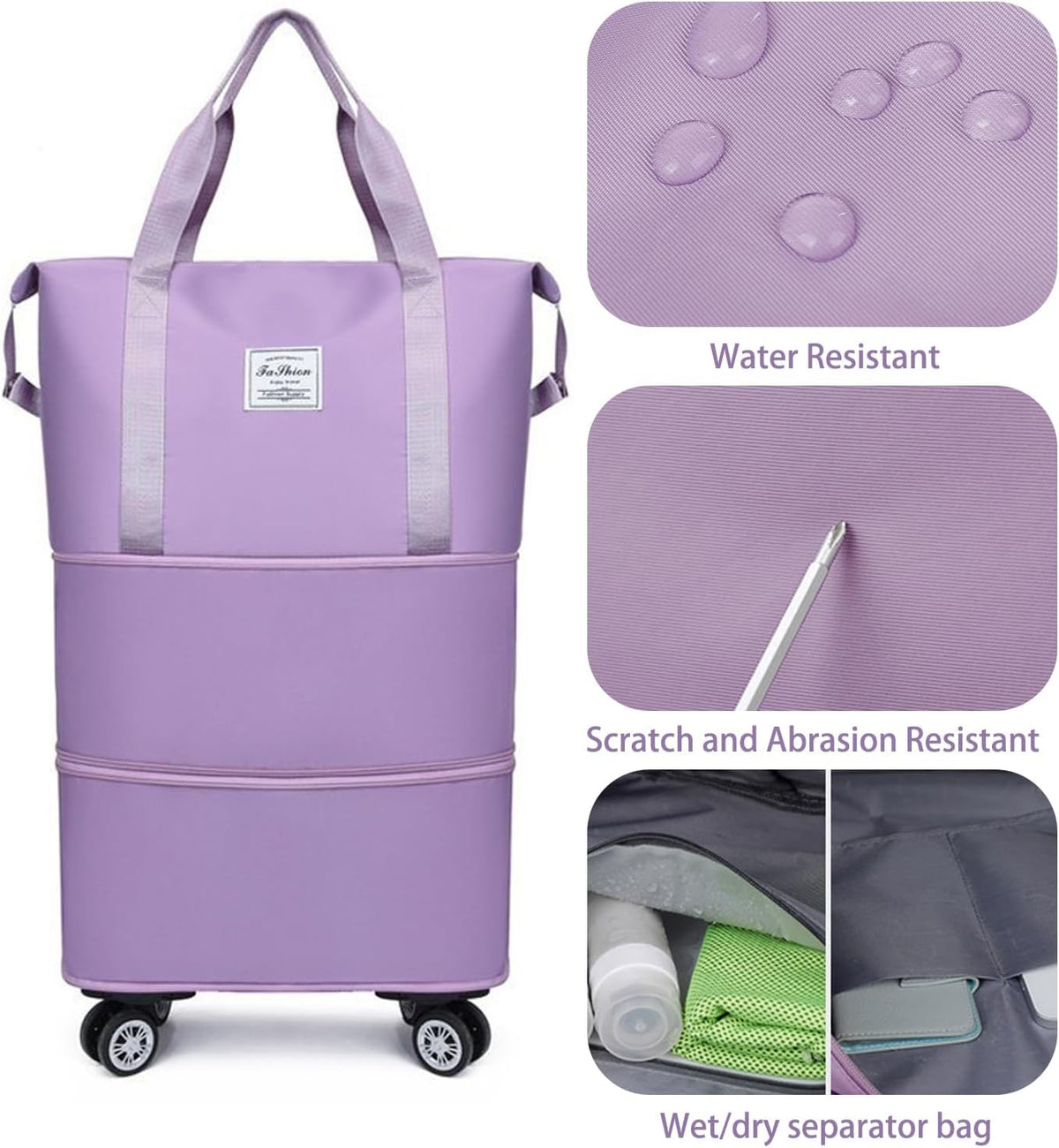 Rolling Duffel Bag with Wheels, Expandable Large Travel Luggage Lightweight & Durable Foldable Carry-On Bag with Removable Wheels for Shopping, Gym, Camping and Trave (Purple)