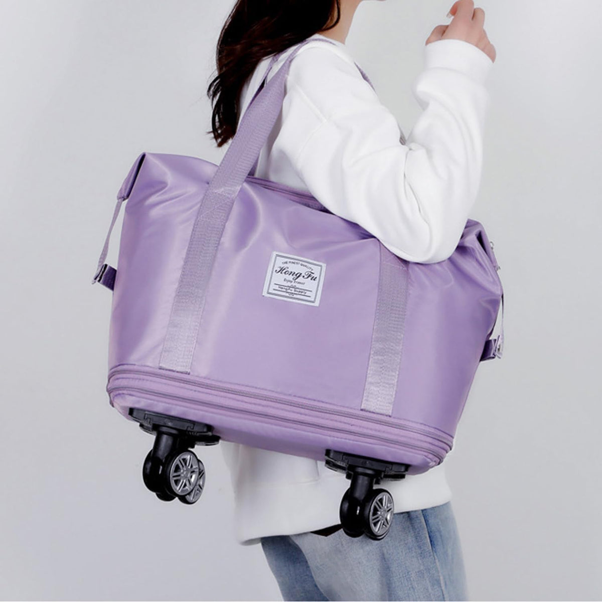 Rolling Duffel Bag with Wheels, Expandable Large Travel Luggage Lightweight & Durable Foldable Carry-On Bag with Removable Wheels for Shopping, Gym, Camping and Trave (Purple)