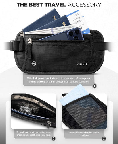 Money Belt for Travel, Hidden Passport Holder, Anti-Theft Travel Wallet Under Clothes, RFID Blocking Waist Pouch, Undercover Fanny Pack, Carbon Black