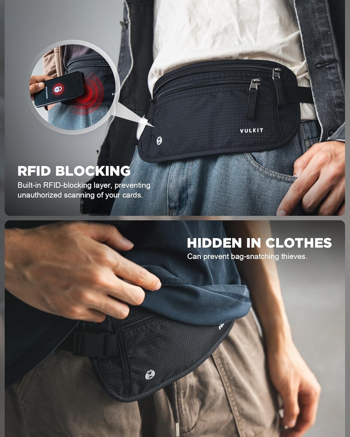 Money Belt for Travel, Hidden Passport Holder, Anti-Theft Travel Wallet Under Clothes, RFID Blocking Waist Pouch, Undercover Fanny Pack, Carbon Black