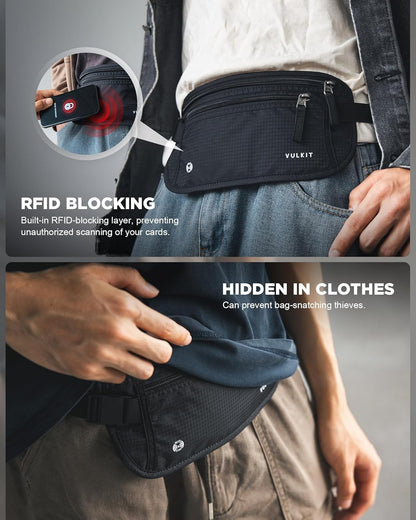 Money Belt for Travel, Hidden Passport Holder, Anti-Theft Travel Wallet Under Clothes, RFID Blocking Waist Pouch, Undercover Fanny Pack, Carbon Black