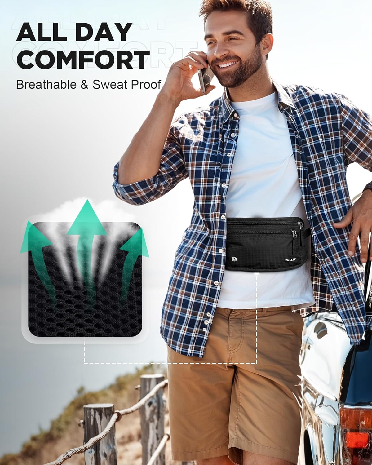Money Belt for Travel, Hidden Passport Holder, Anti-Theft Travel Wallet Under Clothes, RFID Blocking Waist Pouch, Undercover Fanny Pack, Carbon Black