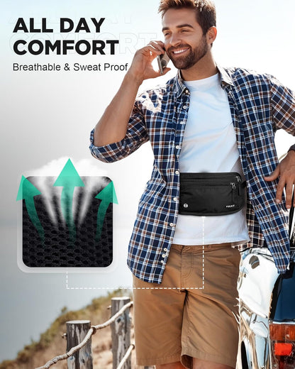 Money Belt for Travel, Hidden Passport Holder, Anti-Theft Travel Wallet Under Clothes, RFID Blocking Waist Pouch, Undercover Fanny Pack, Carbon Black