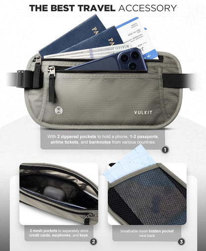 Money Belt for Travel, Hidden Passport Holder, Anti-Theft Travel Wallet Under Clothes, RFID Blocking Waist Pouch, Undercover Fanny Pack, Carbon Black