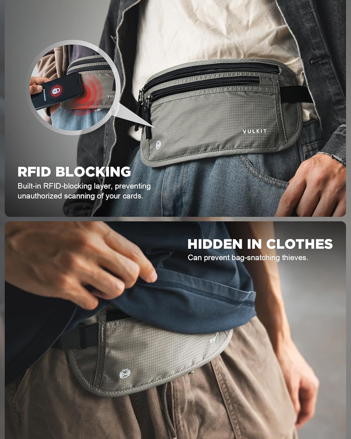 Money Belt for Travel, Hidden Passport Holder, Anti-Theft Travel Wallet Under Clothes, RFID Blocking Waist Pouch, Undercover Fanny Pack, Carbon Black