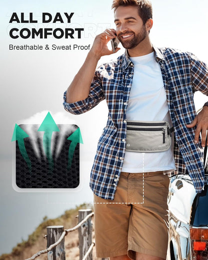 Money Belt for Travel, Hidden Passport Holder, Anti-Theft Travel Wallet Under Clothes, RFID Blocking Waist Pouch, Undercover Fanny Pack, Carbon Black