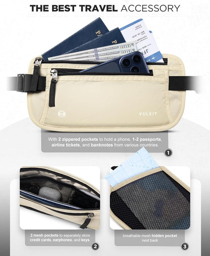 Money Belt for Travel, Hidden Passport Holder, Anti-Theft Travel Wallet Under Clothes, RFID Blocking Waist Pouch, Undercover Fanny Pack, Carbon Black