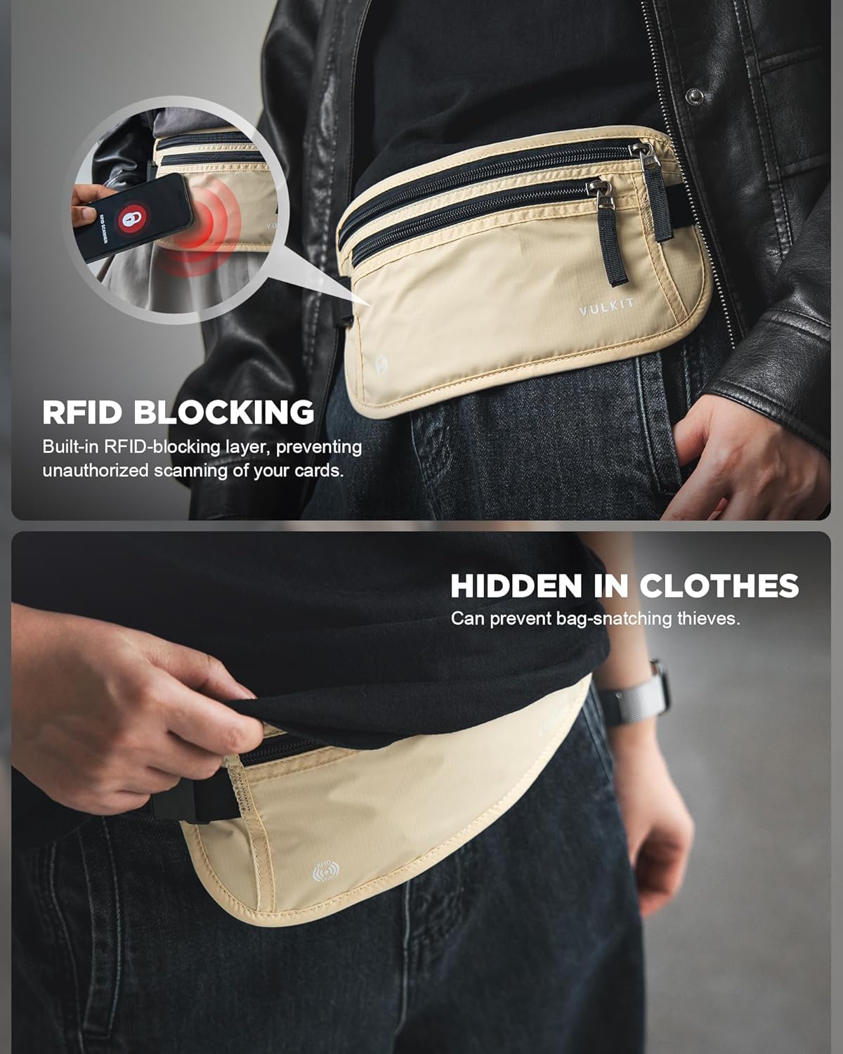 Money Belt for Travel, Hidden Passport Holder, Anti-Theft Travel Wallet Under Clothes, RFID Blocking Waist Pouch, Undercover Fanny Pack, Carbon Black