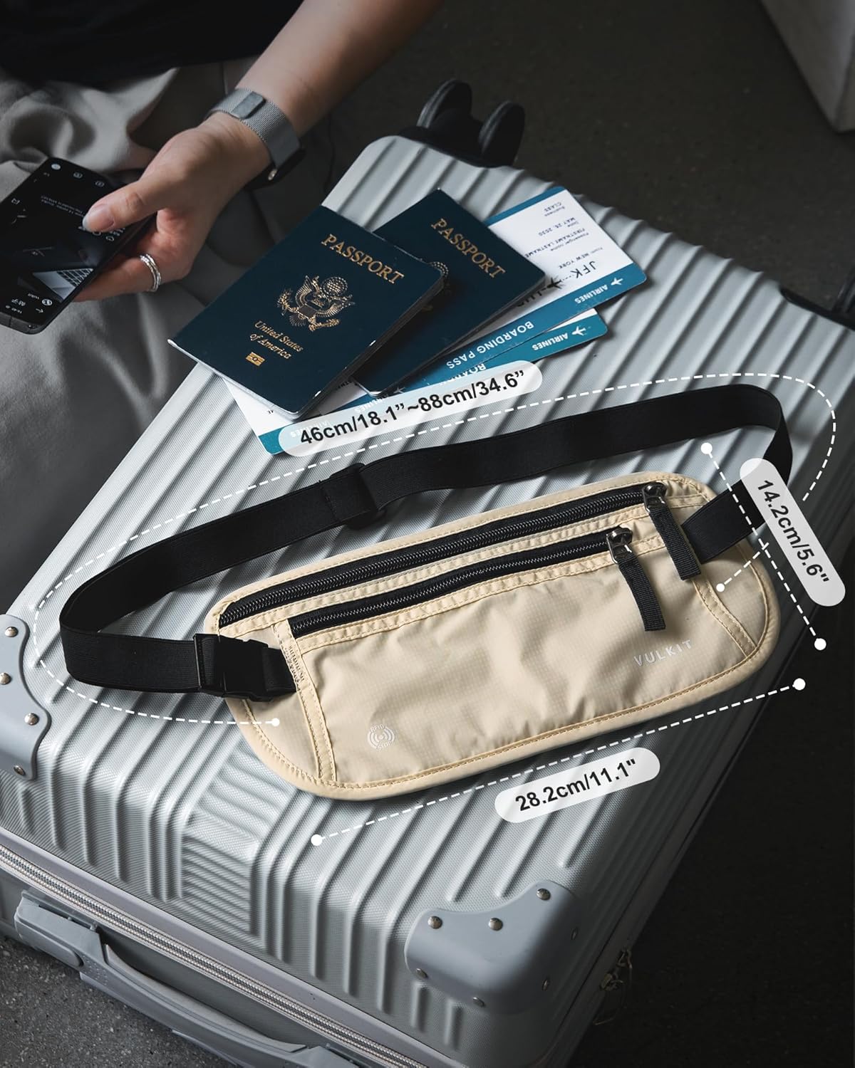Money Belt for Travel, Hidden Passport Holder, Anti-Theft Travel Wallet Under Clothes, RFID Blocking Waist Pouch, Undercover Fanny Pack, Carbon Black