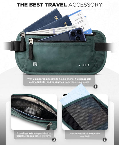 Money Belt for Travel, Hidden Passport Holder, Anti-Theft Travel Wallet Under Clothes, RFID Blocking Waist Pouch, Undercover Fanny Pack, Carbon Black