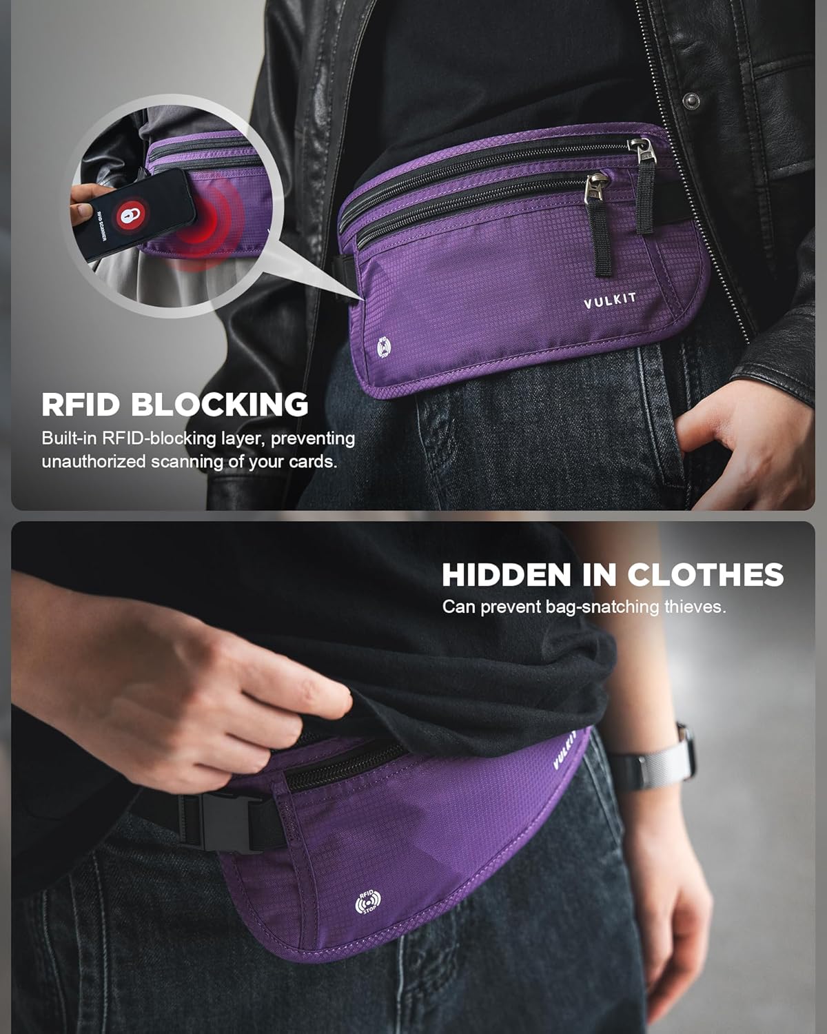 Money Belt for Travel, Hidden Passport Holder, Anti-Theft Travel Wallet Under Clothes, RFID Blocking Waist Pouch, Undercover Fanny Pack, Carbon Black