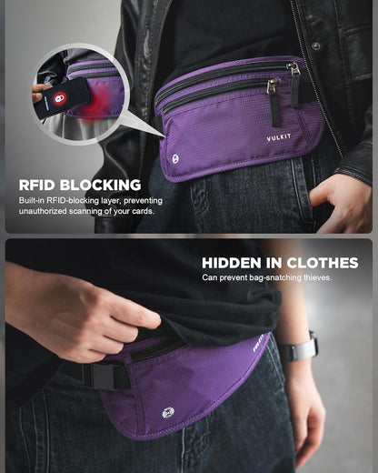 Money Belt for Travel, Hidden Passport Holder, Anti-Theft Travel Wallet Under Clothes, RFID Blocking Waist Pouch, Undercover Fanny Pack, Carbon Black