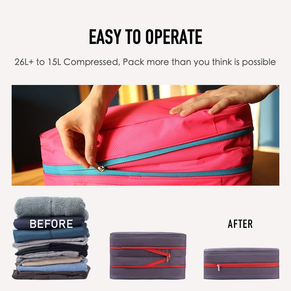 Waterproof Compression Packing Cubes 5/6/8 sets, Large Travel Packing organizers for Carry on Luggage, 2 Sides Expandable Storage Bags (Blue Red, 9L)