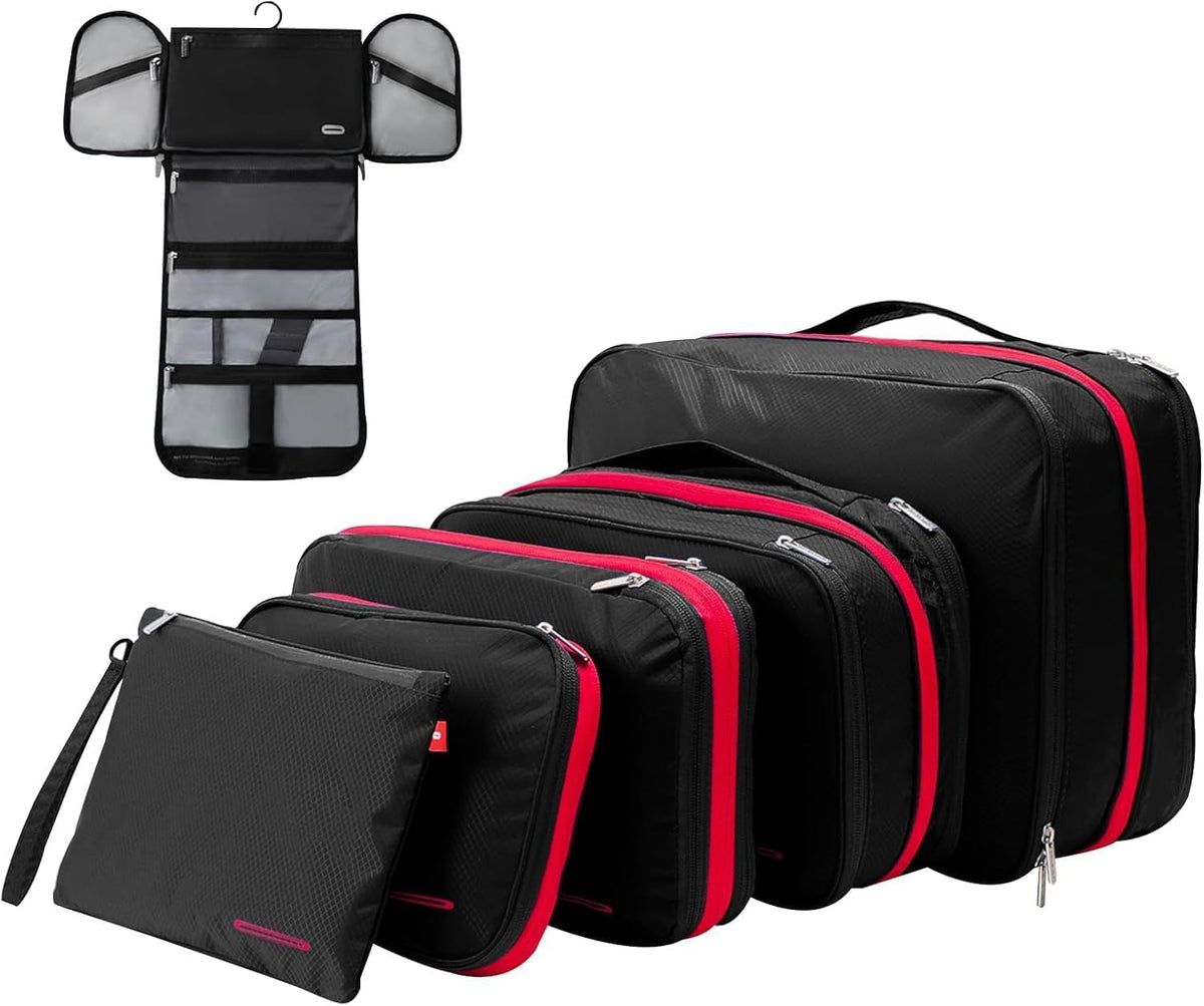 Waterproof Compression Packing Cubes 5/6/8 sets, Large Travel Packing organizers for Carry on Luggage, 2 Sides Expandable Storage Bags (Blue Red, 9L)