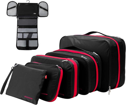 Waterproof Compression Packing Cubes 5/6/8 sets, Large Travel Packing organizers for Carry on Luggage, 2 Sides Expandable Storage Bags (Blue Red, 9L)