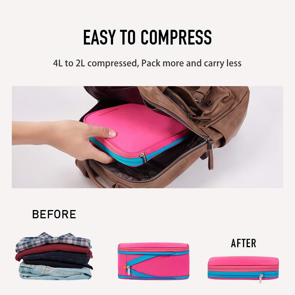 Waterproof Compression Packing Cubes 5/6/8 sets, Large Travel Packing organizers for Carry on Luggage, 2 Sides Expandable Storage Bags (Blue Red, 9L)
