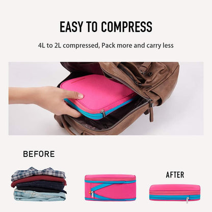 Waterproof Compression Packing Cubes 5/6/8 sets, Large Travel Packing organizers for Carry on Luggage, 2 Sides Expandable Storage Bags (Blue Red, 9L)