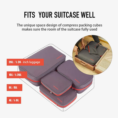 Waterproof Compression Packing Cubes 5/6/8 sets, Large Travel Packing organizers for Carry on Luggage, 2 Sides Expandable Storage Bags (Blue Red, 9L)