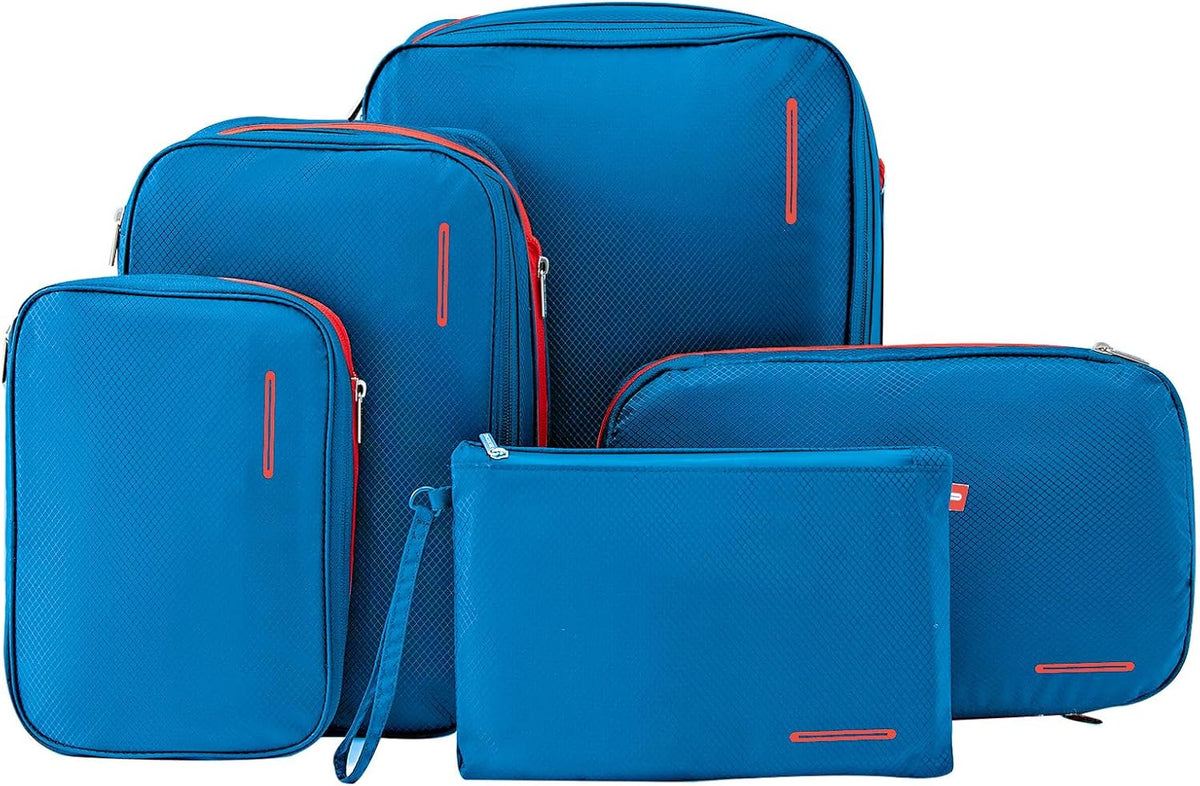 Waterproof Compression Packing Cubes 5/6/8 sets, Large Travel Packing organizers for Carry on Luggage, 2 Sides Expandable Storage Bags (Blue Red, 9L)