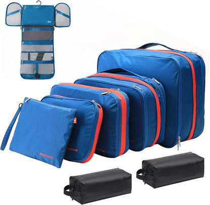 Waterproof Compression Packing Cubes 5/6/8 sets, Large Travel Packing organizers for Carry on Luggage, 2 Sides Expandable Storage Bags (Blue Red, 9L)