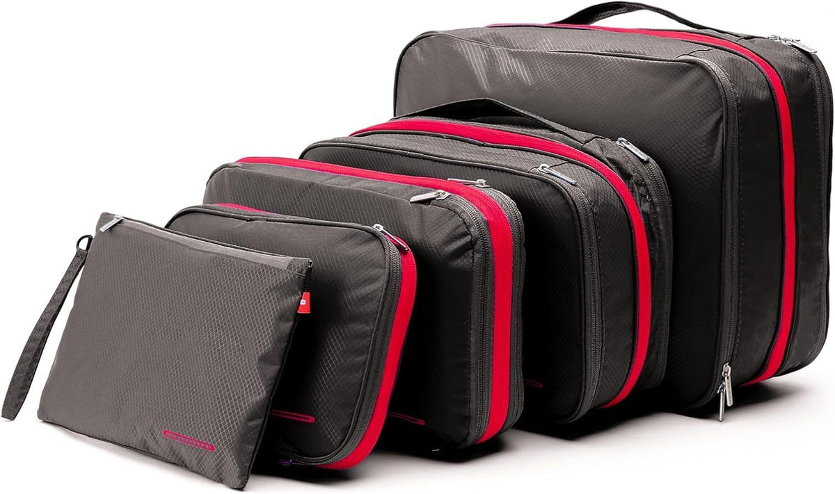 Waterproof Compression Packing Cubes 5/6/8 sets, Large Travel Packing organizers for Carry on Luggage, 2 Sides Expandable Storage Bags (Blue Red, 9L)