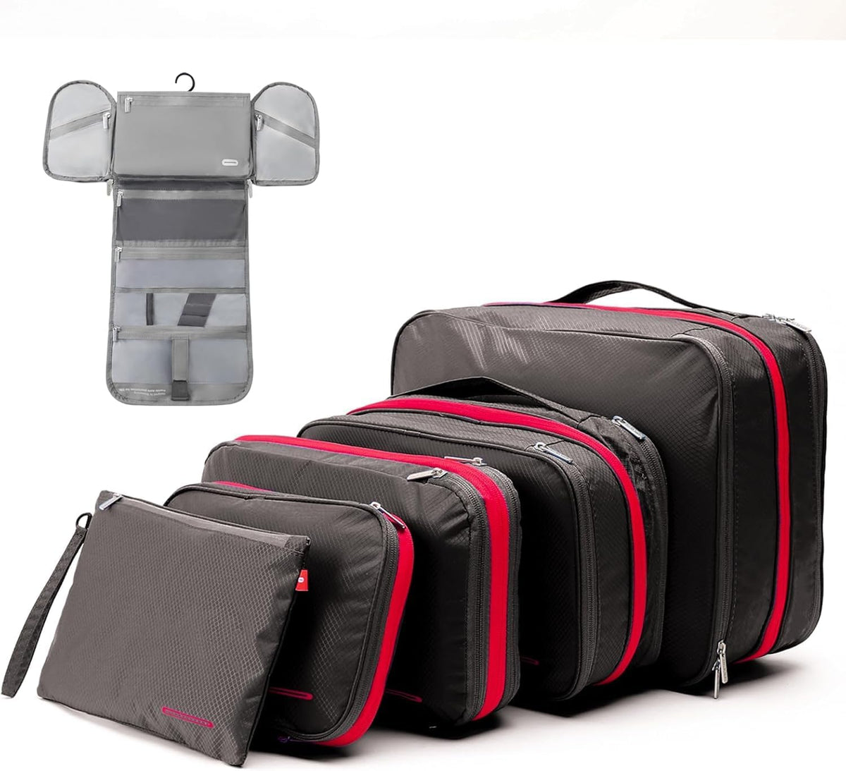 Waterproof Compression Packing Cubes 5/6/8 sets, Large Travel Packing organizers for Carry on Luggage, 2 Sides Expandable Storage Bags (Blue Red, 9L)