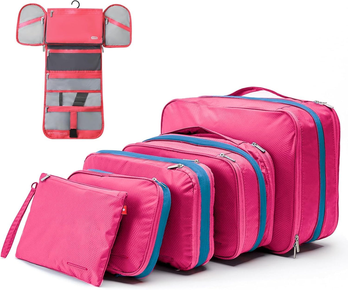 Waterproof Compression Packing Cubes 5/6/8 sets, Large Travel Packing organizers for Carry on Luggage, 2 Sides Expandable Storage Bags (Blue Red, 9L)