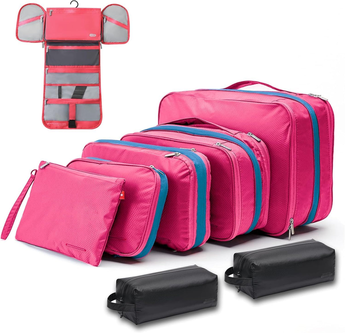 Waterproof Compression Packing Cubes 5/6/8 sets, Large Travel Packing organizers for Carry on Luggage, 2 Sides Expandable Storage Bags (Blue Red, 9L)