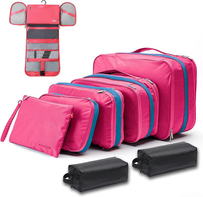 Waterproof Compression Packing Cubes 5/6/8 sets, Large Travel Packing organizers for Carry on Luggage, 2 Sides Expandable Storage Bags (Blue Red, 9L)