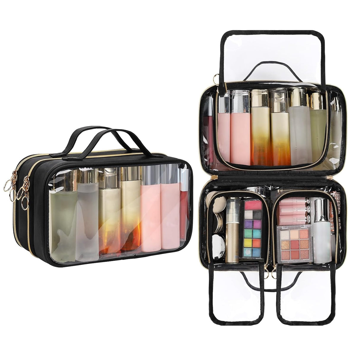 Travel Toiletry Bag, Double Layer Clear Makeup Bag Organizer Large Capacity Cosmetic Bag for Traveling Women Beauty Essentials, Multiple Compartments Makeup Case- Black