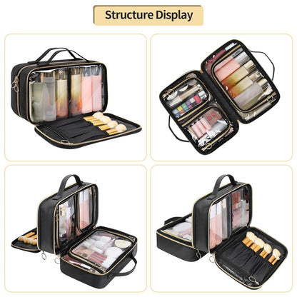 Travel Toiletry Bag, Double Layer Clear Makeup Bag Organizer Large Capacity Cosmetic Bag for Traveling Women Beauty Essentials, Multiple Compartments Makeup Case- Black