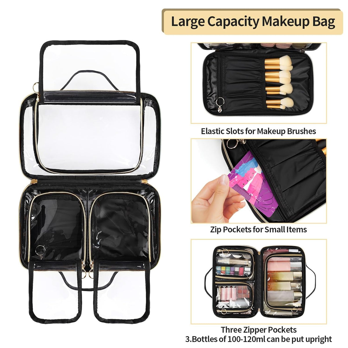 Travel Toiletry Bag, Double Layer Clear Makeup Bag Organizer Large Capacity Cosmetic Bag for Traveling Women Beauty Essentials, Multiple Compartments Makeup Case- Black