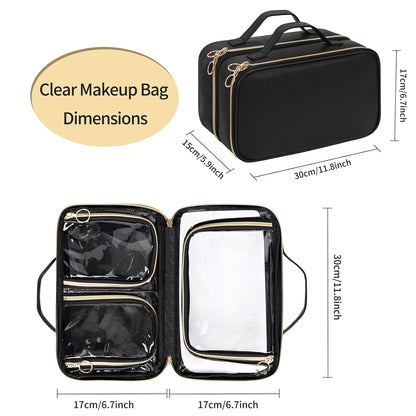 Travel Toiletry Bag, Double Layer Clear Makeup Bag Organizer Large Capacity Cosmetic Bag for Traveling Women Beauty Essentials, Multiple Compartments Makeup Case- Black