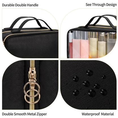 Travel Toiletry Bag, Double Layer Clear Makeup Bag Organizer Large Capacity Cosmetic Bag for Traveling Women Beauty Essentials, Multiple Compartments Makeup Case- Black