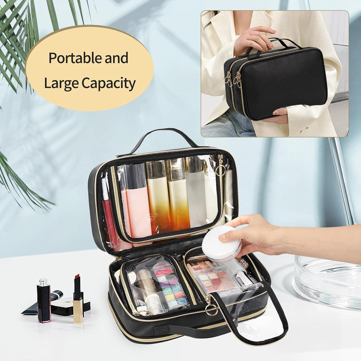 Travel Toiletry Bag, Double Layer Clear Makeup Bag Organizer Large Capacity Cosmetic Bag for Traveling Women Beauty Essentials, Multiple Compartments Makeup Case- Black