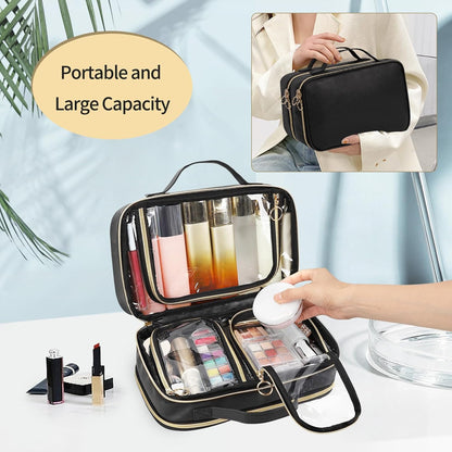 Travel Toiletry Bag, Double Layer Clear Makeup Bag Organizer Large Capacity Cosmetic Bag for Traveling Women Beauty Essentials, Multiple Compartments Makeup Case- Black