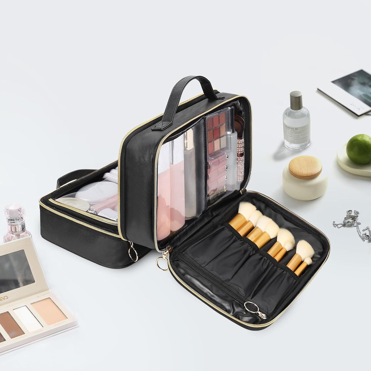 Travel Toiletry Bag, Double Layer Clear Makeup Bag Organizer Large Capacity Cosmetic Bag for Traveling Women Beauty Essentials, Multiple Compartments Makeup Case- Black