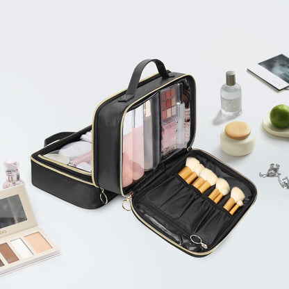 Travel Toiletry Bag, Double Layer Clear Makeup Bag Organizer Large Capacity Cosmetic Bag for Traveling Women Beauty Essentials, Multiple Compartments Makeup Case- Black