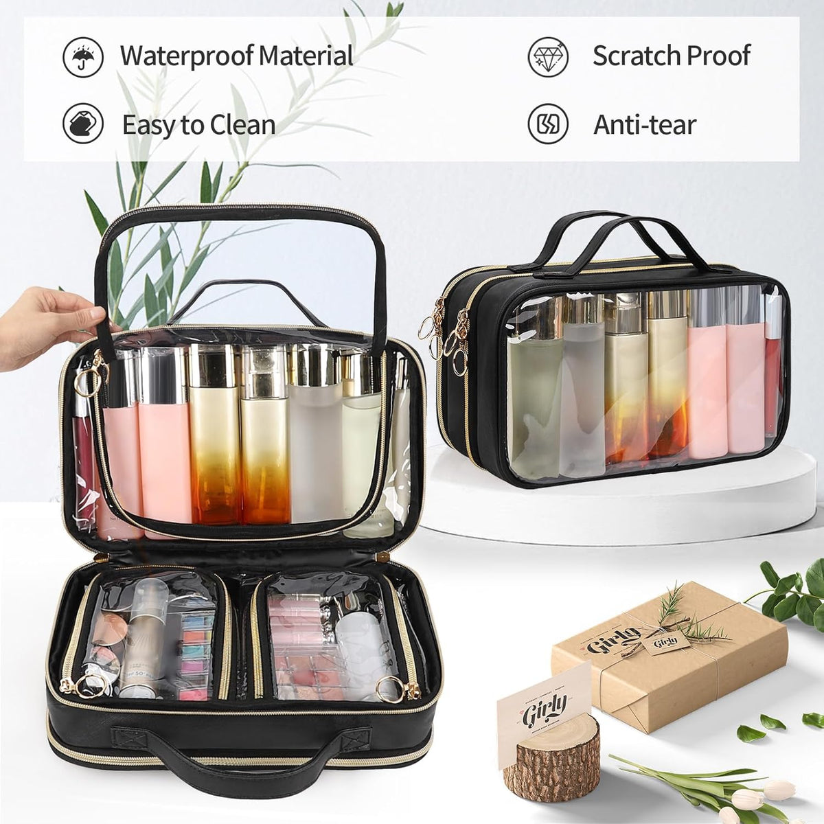 Travel Toiletry Bag, Double Layer Clear Makeup Bag Organizer Large Capacity Cosmetic Bag for Traveling Women Beauty Essentials, Multiple Compartments Makeup Case- Black
