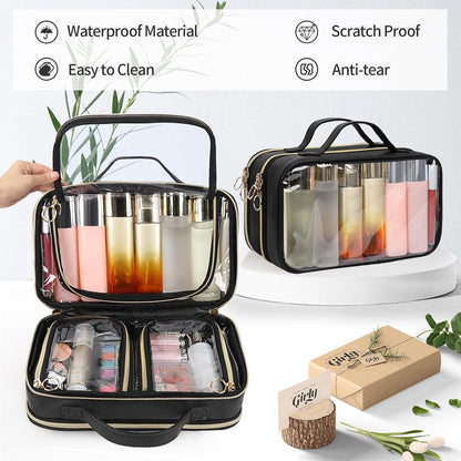 Travel Toiletry Bag, Double Layer Clear Makeup Bag Organizer Large Capacity Cosmetic Bag for Traveling Women Beauty Essentials, Multiple Compartments Makeup Case- Black