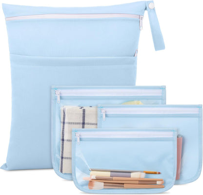 4 Pcs Waterproof Wet Dry Bags & Clear Travel Bag Pouches for Baby, Travel, Cloth Diapers, Beach, Swim Suit 12''x14'' Reusable Storage Bag with Pockets Handle, Easy to Clean(Blue)