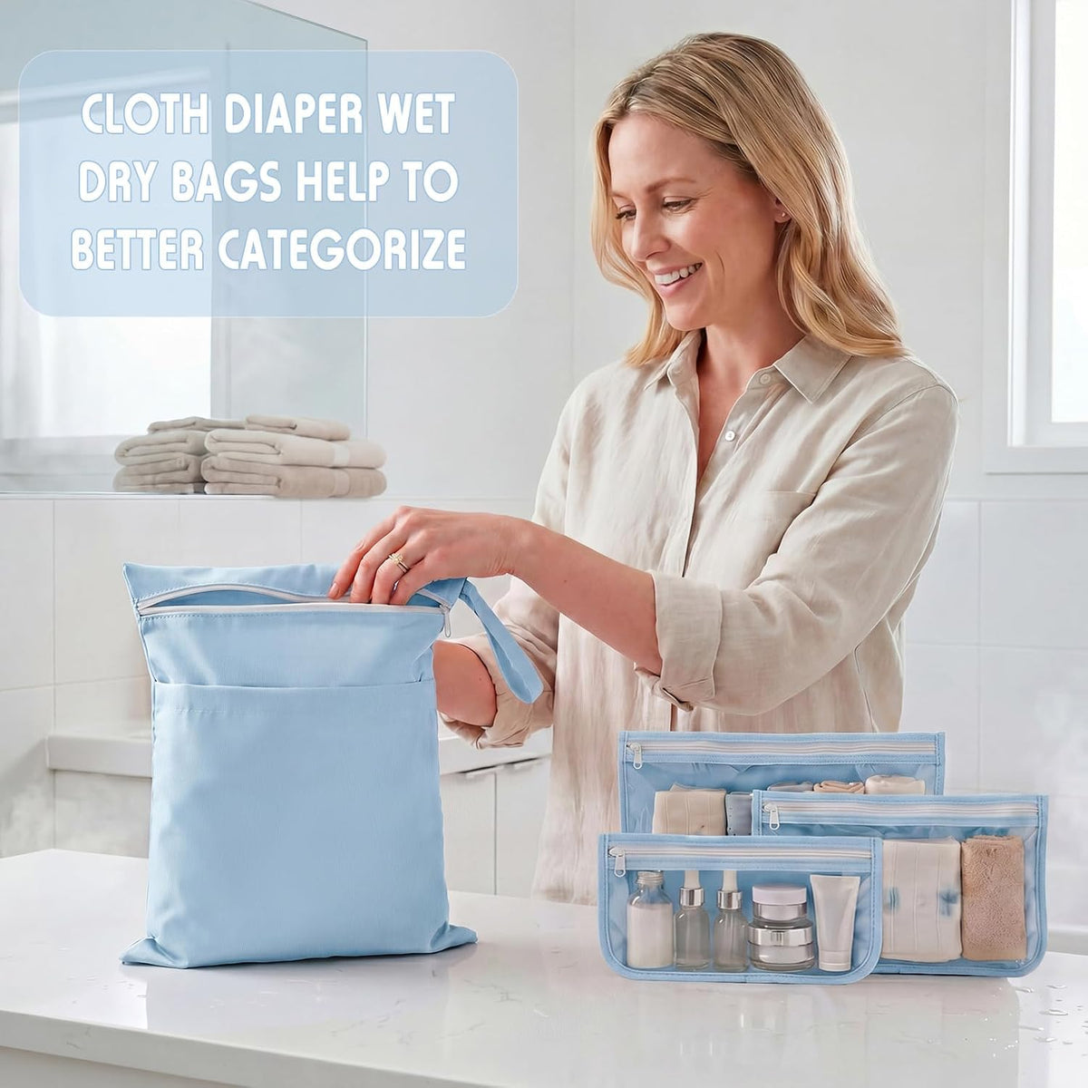 4 Pcs Waterproof Wet Dry Bags & Clear Travel Bag Pouches for Baby, Travel, Cloth Diapers, Beach, Swim Suit 12''x14'' Reusable Storage Bag with Pockets Handle, Easy to Clean(Blue)