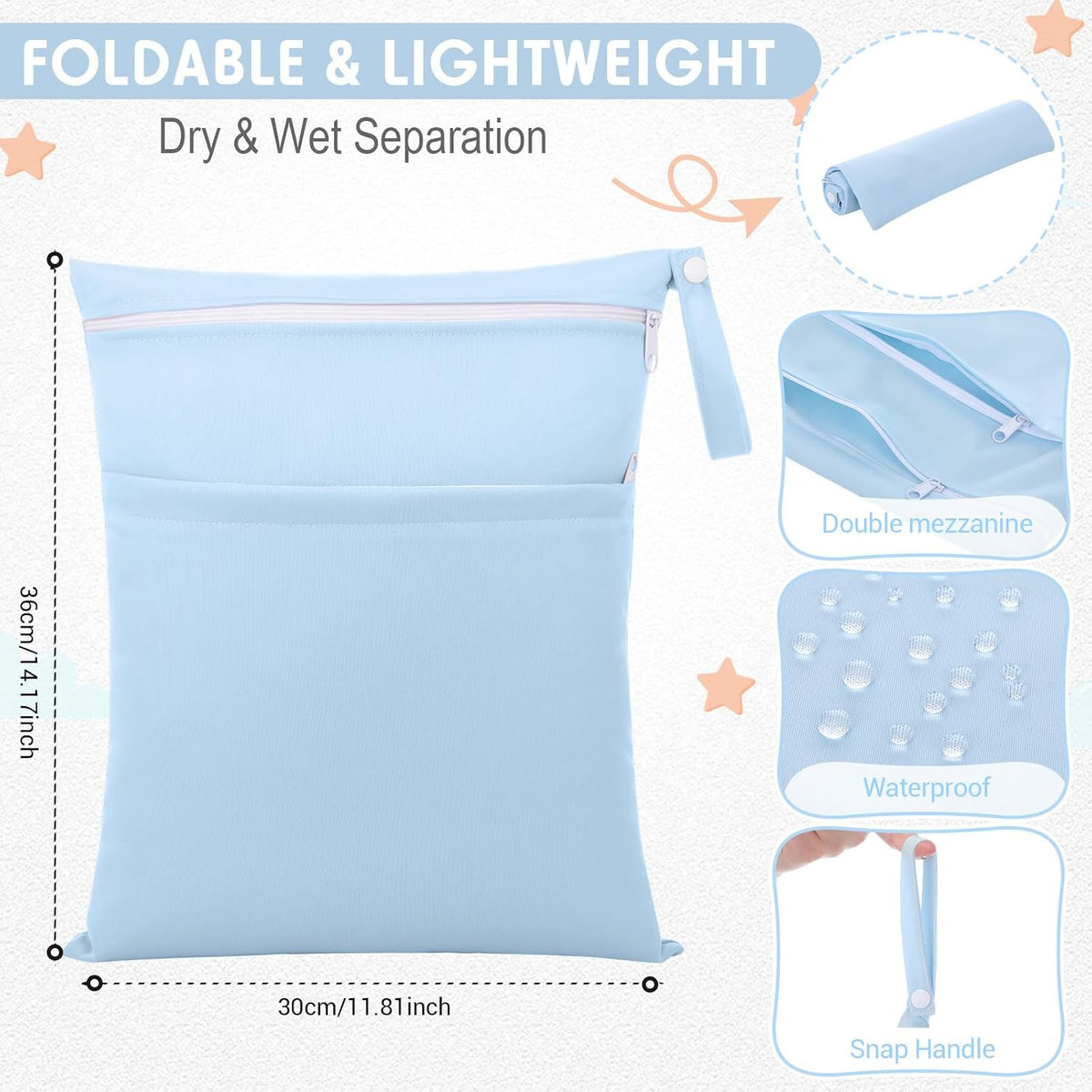 4 Pcs Waterproof Wet Dry Bags & Clear Travel Bag Pouches for Baby, Travel, Cloth Diapers, Beach, Swim Suit 12''x14'' Reusable Storage Bag with Pockets Handle, Easy to Clean(Blue)