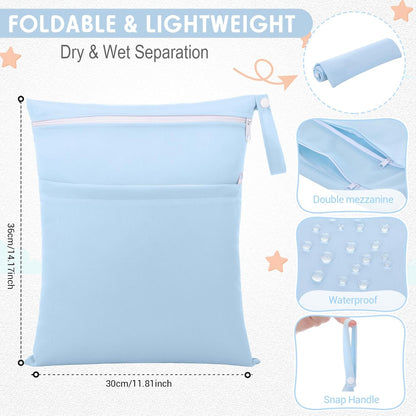 4 Pcs Waterproof Wet Dry Bags & Clear Travel Bag Pouches for Baby, Travel, Cloth Diapers, Beach, Swim Suit 12''x14'' Reusable Storage Bag with Pockets Handle, Easy to Clean(Blue)