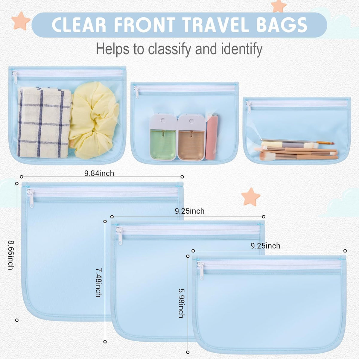 4 Pcs Waterproof Wet Dry Bags & Clear Travel Bag Pouches for Baby, Travel, Cloth Diapers, Beach, Swim Suit 12''x14'' Reusable Storage Bag with Pockets Handle, Easy to Clean(Blue)