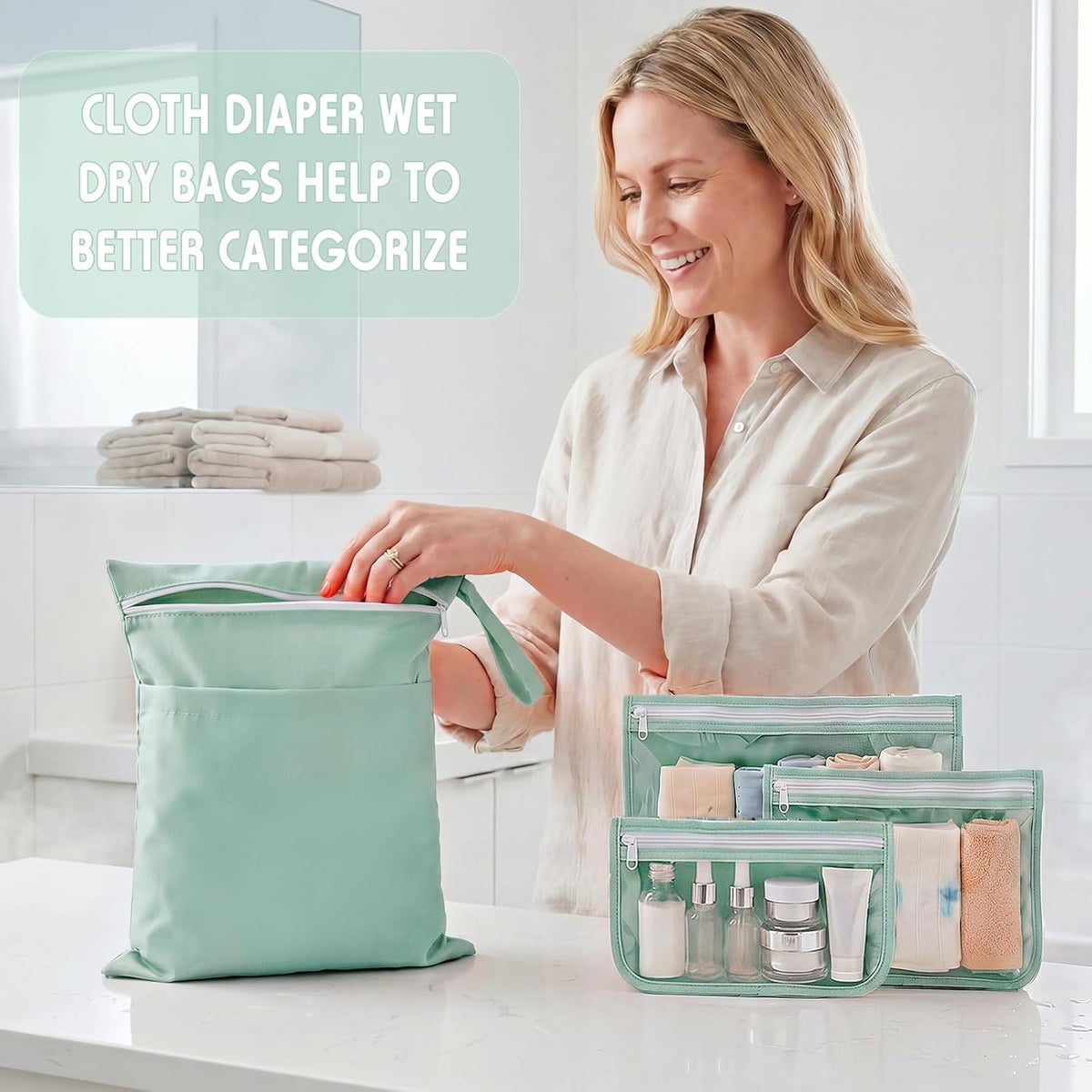 4 Pcs Waterproof Wet Dry Bags & Clear Travel Bag Pouches for Baby, Travel, Cloth Diapers, Beach, Swim Suit 12''x14'' Reusable Storage Bag with Pockets Handle, Easy to Clean(Blue)