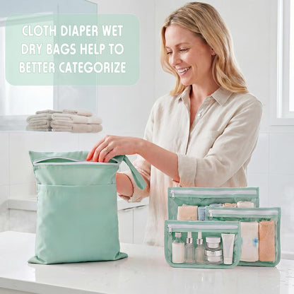 4 Pcs Waterproof Wet Dry Bags & Clear Travel Bag Pouches for Baby, Travel, Cloth Diapers, Beach, Swim Suit 12''x14'' Reusable Storage Bag with Pockets Handle, Easy to Clean(Blue)